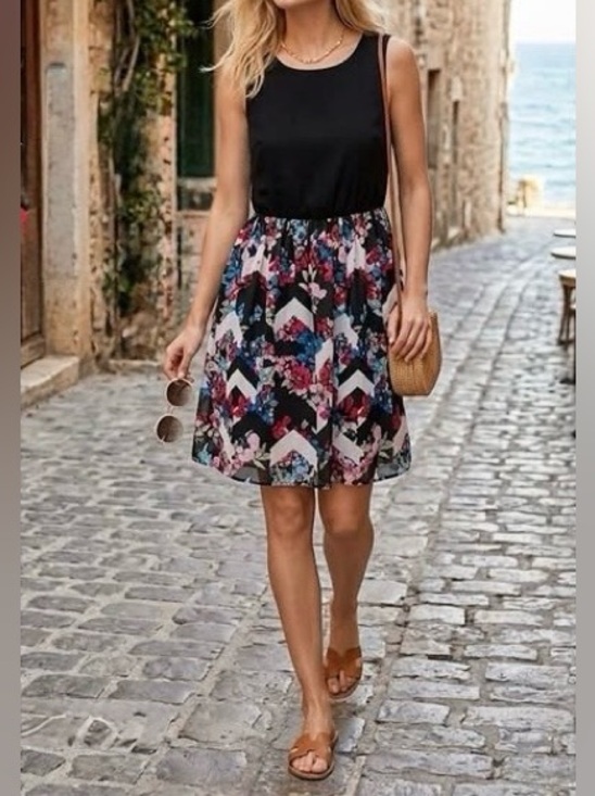 Lily Rose Dresses & Skirts - Lily Rose Black and Multicolor Chevron Floral Chiffon Fit and Flare Dress